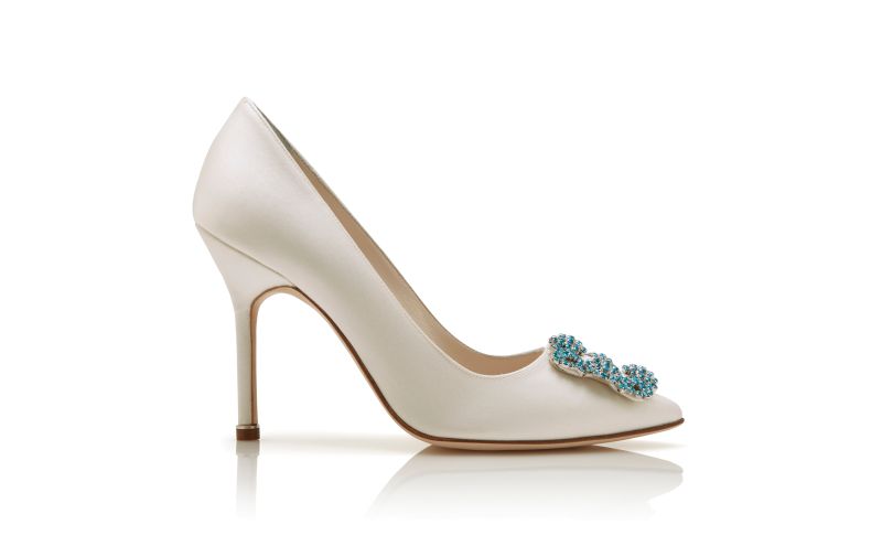 Side view of Hangisi bride, White Satin Jewel Buckle Pumps - CA$1,595.00