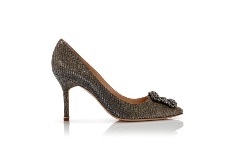 Side view of Hangisi glitter 90, Gold Glitter Fabric Jewel Buckle Pumps - AU$1,985.00