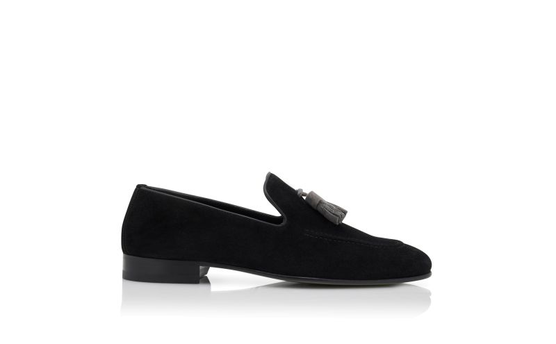 Side view of Chester, Black Suede Tassel Detail Loafers - £725.00