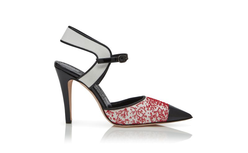 Side view of Dodekanisa, Black and Cream Linen Ankle Strap Pumps - €598.00
