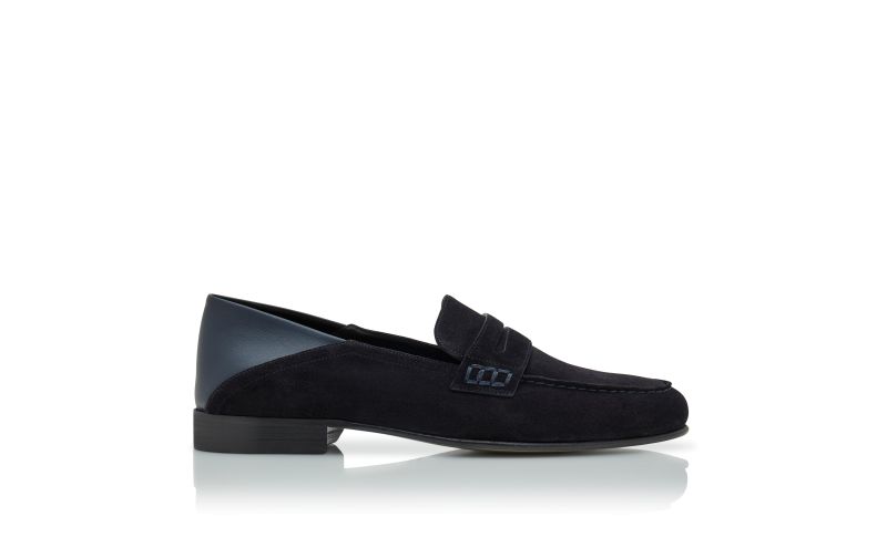 Side view of Plymouth, Navy Blue Suede Penny Loafers  - €845.00