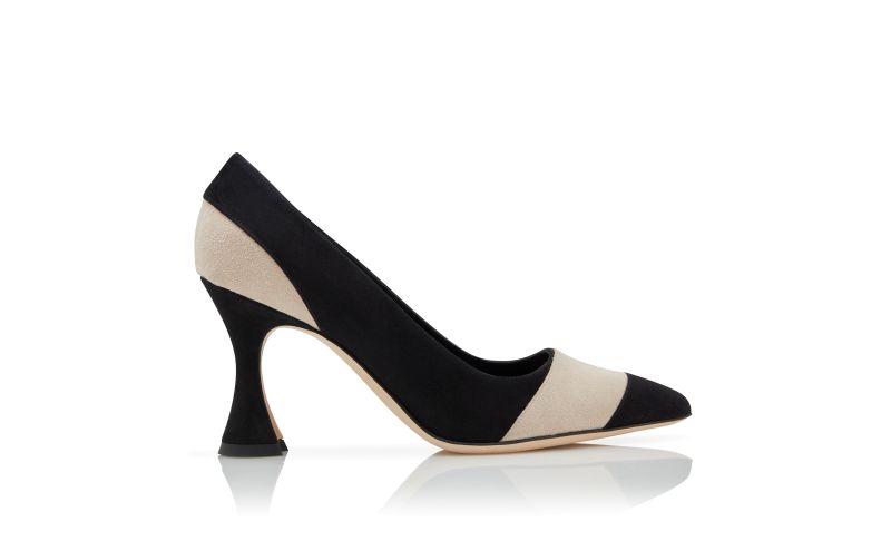 Side view of Chalabiya, Black and Beige Suede Pointed Toe Pumps - CA$1,185.00