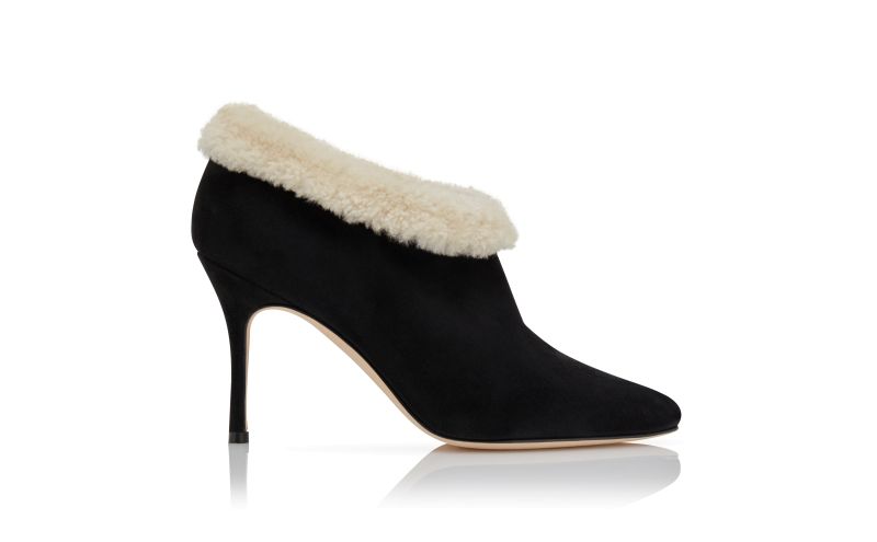 Side view of Escaria, Black and Cream Suede Ankle Boots - CA$1,595.00
