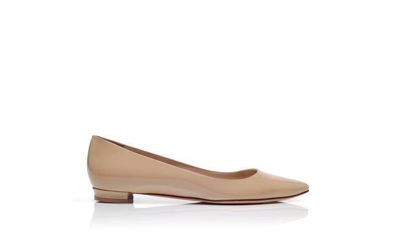 Side view of Bbflat, Light Beige Patent Leather Pointed Toe Flat Pumps - US$775.00