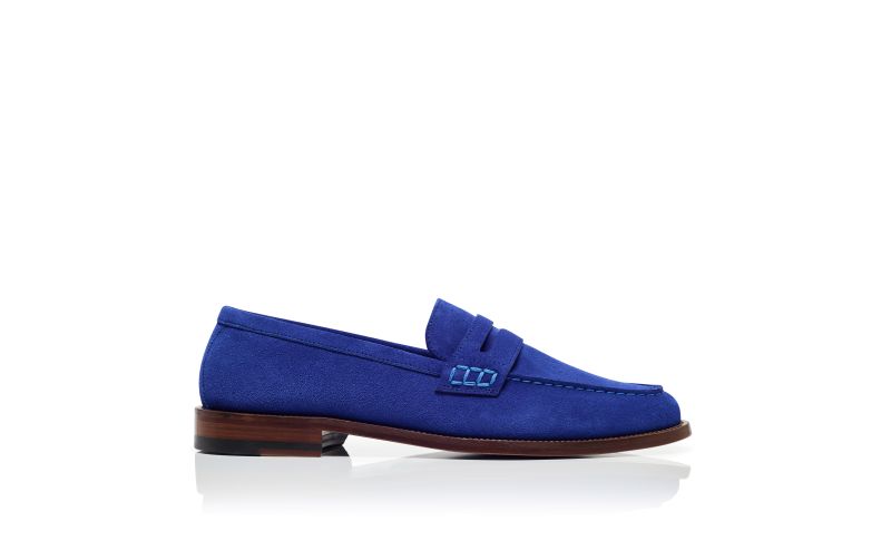 Side view of Perry, Blue Suede Penny Loafers  - US$895.00