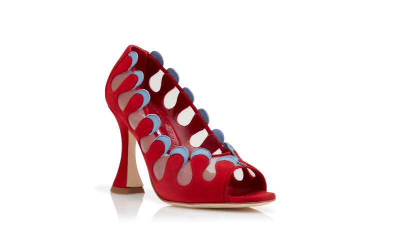 Aziz, Red and Blue Suede Scalloped Pumps - US$1,250.00