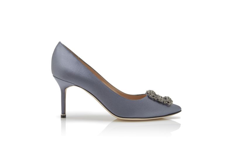 Side view of Hangisi 70, Blue Satin Jewel Buckle Pumps - US$1,295.00