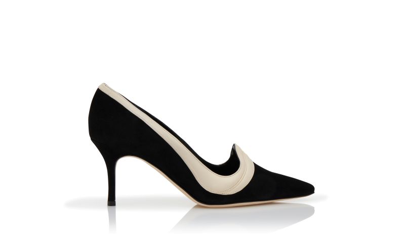 Side view of Ajarafa, Black and Light Cream Suede Pointed Toe Pumps - £373.00