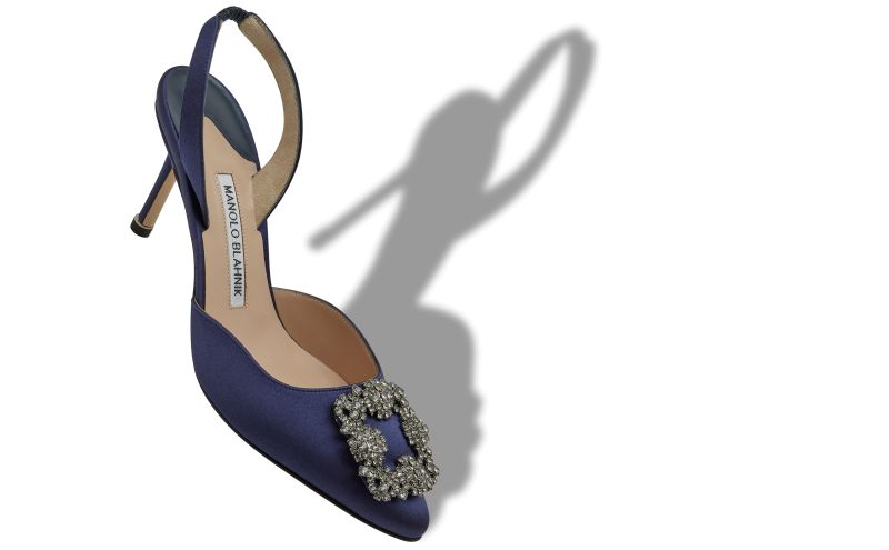 Hangisli, Navy Blue Satin Jewel Buckle Slingback Pumps - US$1,295.00 