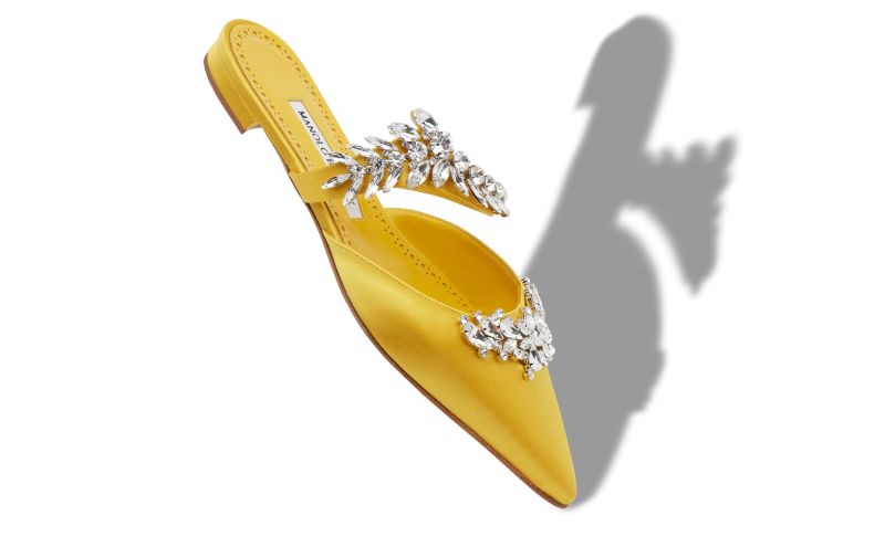 Lurumflat, Yellow Satin Crystal Embellished Flat Mules - AU$2,205.00 