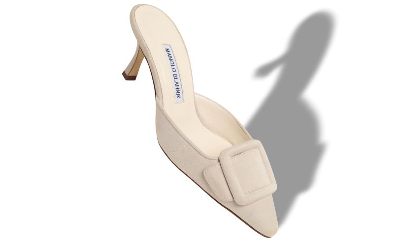 Maysale 70, Light Cream Suede Buckle Detail Mules - US$795.00 