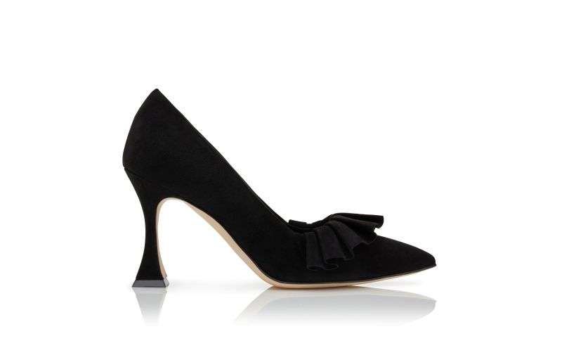 Side view of Espanhi, Black Suede Ruffled Pumps - £373.00