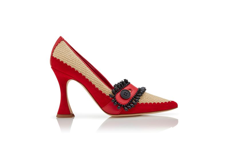 Side view of Trebeda, Red and Beige Raffia Pointed Toe Pumps - US$1,425.00