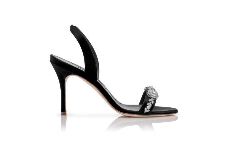 Side view of Lamisan, Black Satin Embellished Slingback Sandals - US$1,095.00