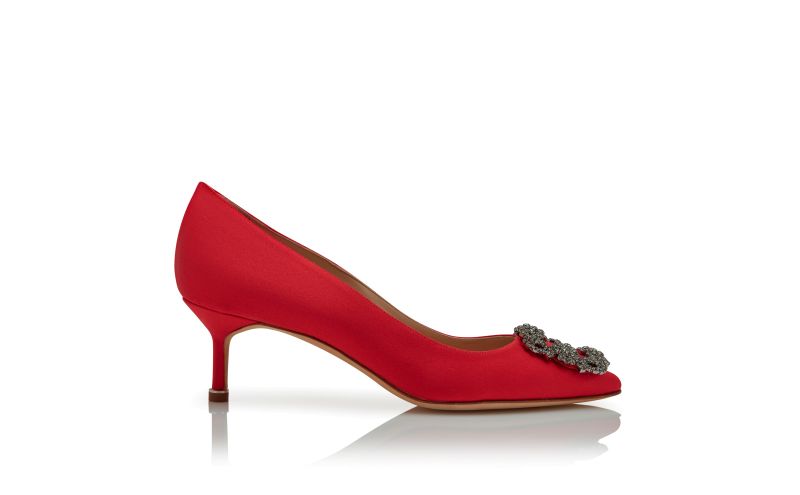 Side view of Hangisi 50, Red Satin Jewel Buckle Pumps - €1,145.00