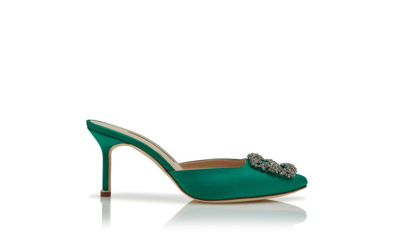 Side view of Hangisimu, Green Satin Jewel Buckle Mules - £950.00