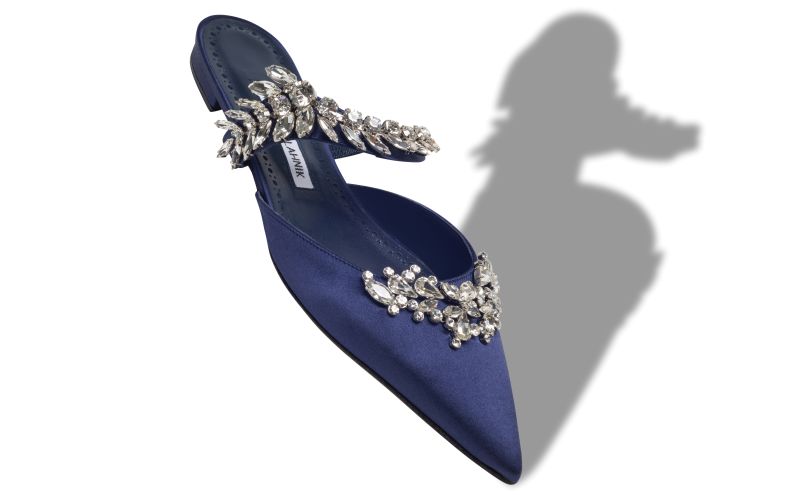 Lurumflat, Navy Blue Satin Crystal Embellished Flat Mules - US$1,425.00 