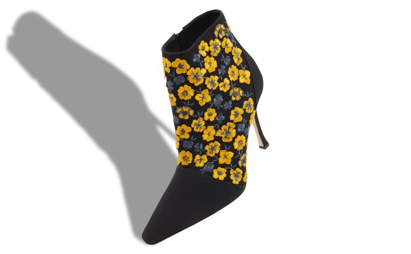 Botiye, Black and Yellow Silk Embroidered Ankle Boots - US$1,945.00