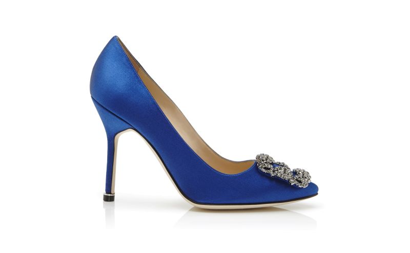 Side view of Hangisi, Blue Satin Jewel Buckle Pumps - AU$1,945.00