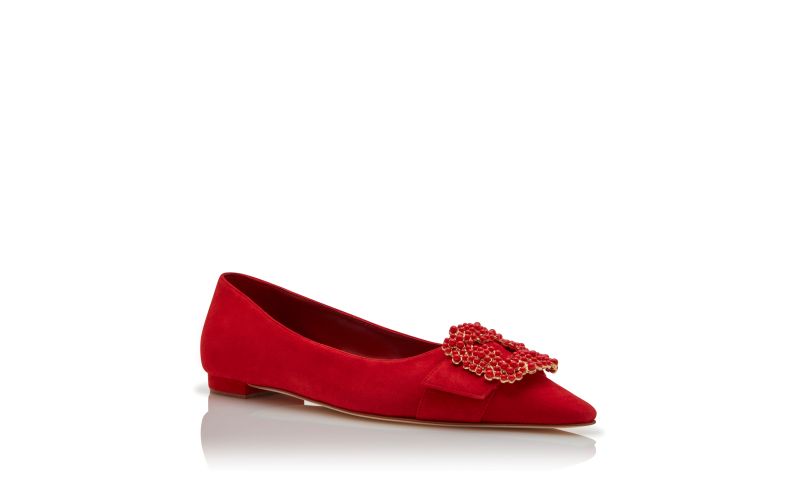 Gibfla, Red Suede Pearl Buckle Flat Pumps - US$1,375.00