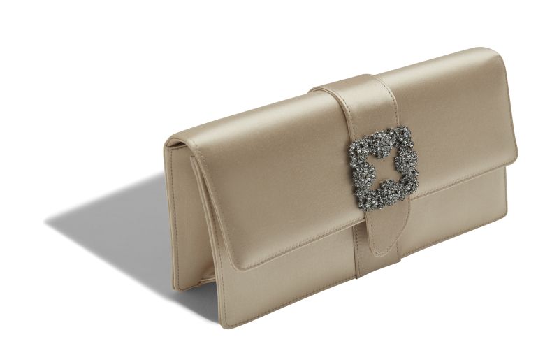 Capri, Light Beige Satin Jewel Buckle Clutch - US$1,885.00