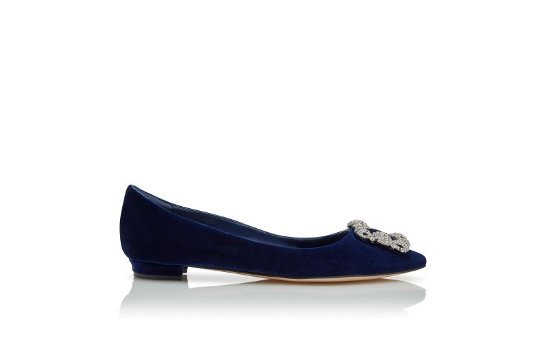 Side view of Hangisiflat, Navy Blue Velvet Jewel Buckle Flat Pumps - £985.00