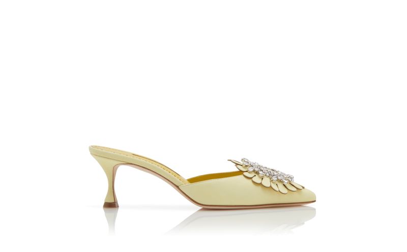 Side view of Shogmu, Yellow Suede Jewel Embellished Mules - £1,075.00