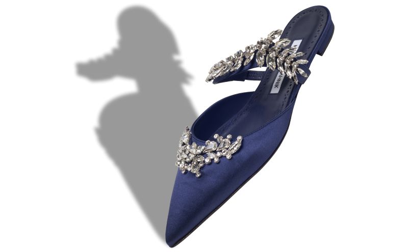 Lurumflat, Navy Blue Satin Crystal Embellished Flat Mules - US$1,425.00