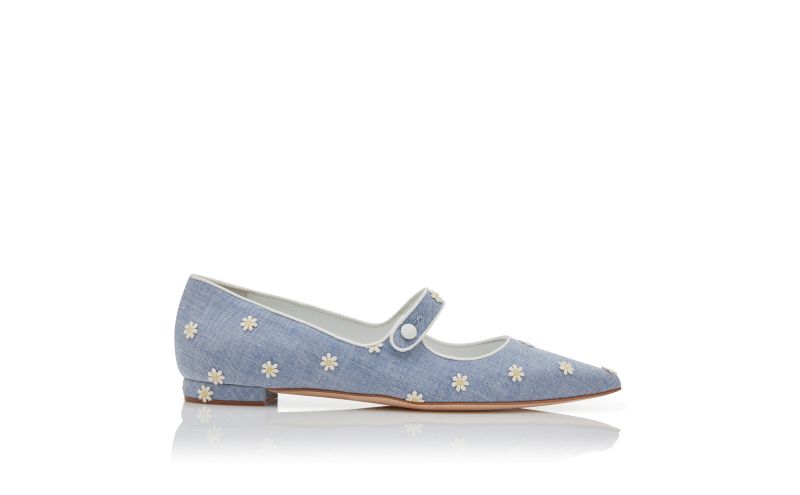 Side view of Campariflat, Blue and White Chambray Daisy Flat Pumps - €373.00