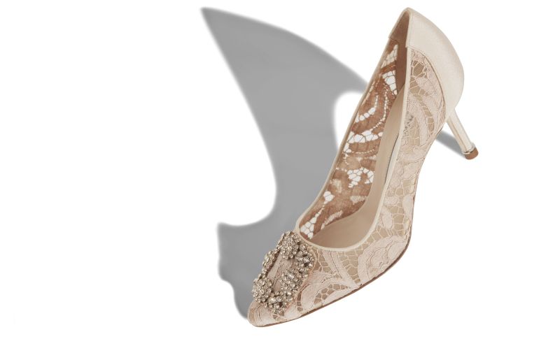 Hangisi lace 70, Beige Lace Jewel Buckle Pumps - US$1,395.00