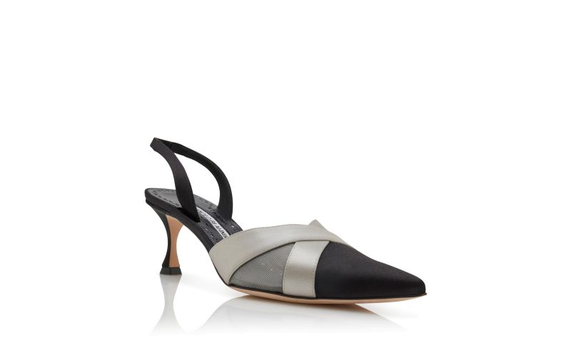 Oyounasli, Black and Grey Satin Crossover Slingback Pumps - US$965.00