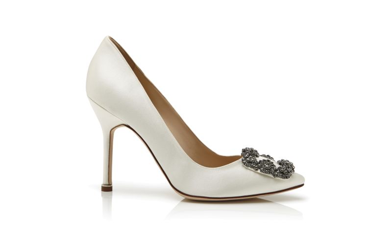 Side view of Hangisi, White Satin Jewel Buckle Pumps - AU$1,945.00