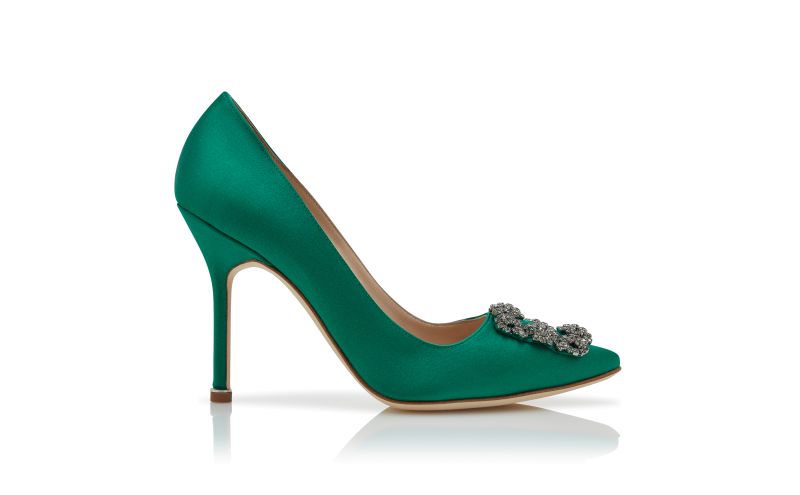 Side view of Hangisi, Green Satin Jewel Buckle Pumps - €1,145.00