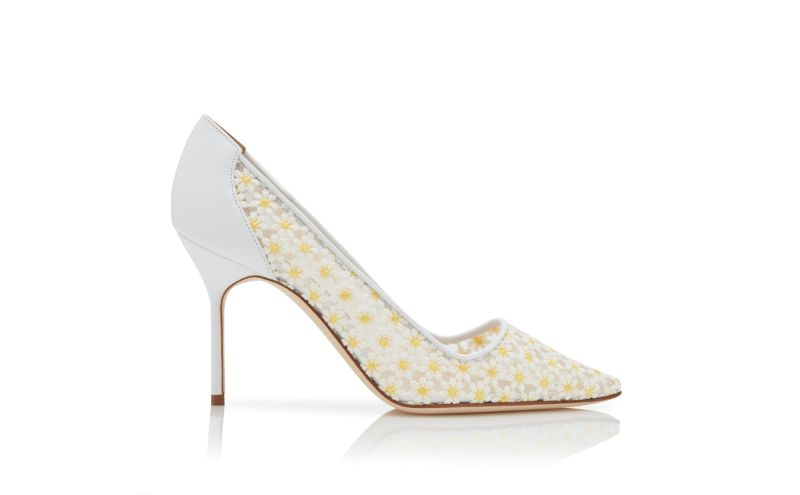 Side view of Bbla 90, White Lace Daisy Pointed Toe Pumps  - US$448.00