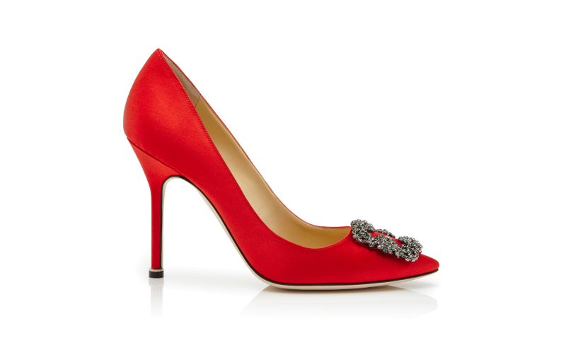 Side view of Hangisi, Red Satin Jewel Buckle Pumps - AU$1,945.00