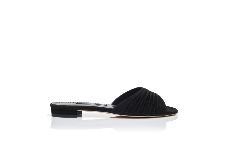 Side view of Piruaflat, Black Suede Ruched Detail Flat Sandals - US$825.00