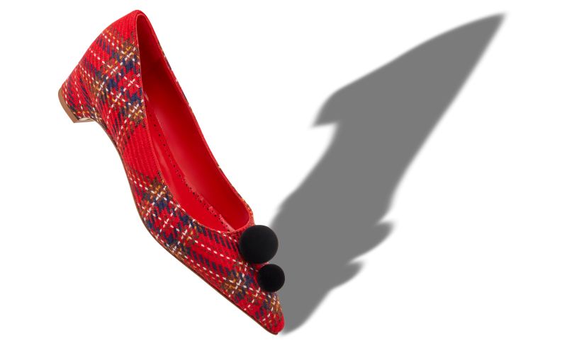 Pieraba, Red Wool Tartan Pom Pom Detail Pumps - US$448.00 