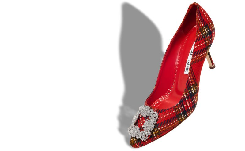 Hangisi 70, Red Wool Tartan Jewel Buckle Pumps  - US$1,195.00