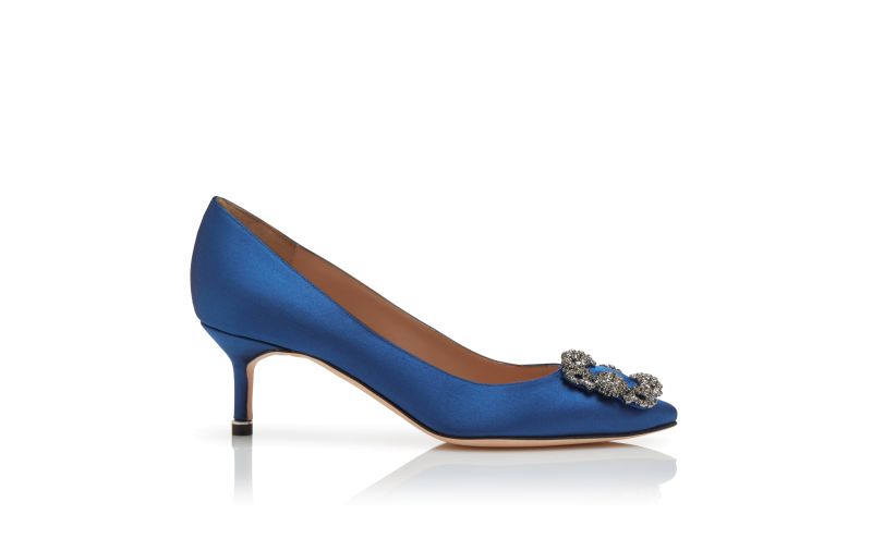 Side view of Hangisi 50, Blue Satin Jewel Buckle Pumps - £945.00