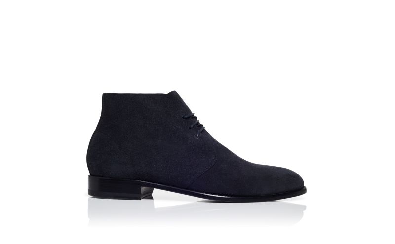 Side view of Berwick, Navy Blue Suede Lace-Up Ankle Boots - US$975.00