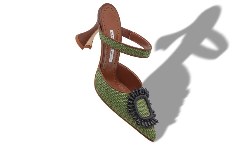 Atika, Green and Brown Raffia Pointed Toe Mules - US$1,195.00 