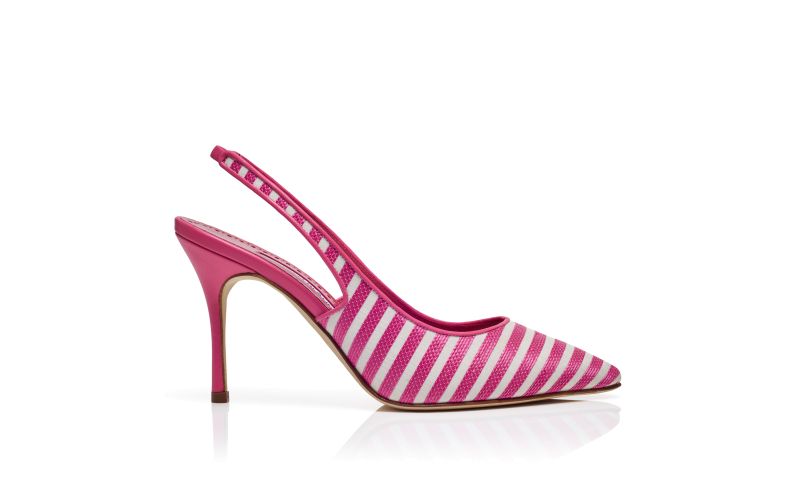 Side view of Allurafia, Pink and White Cotton Striped Slingback Pumps - US$895.00