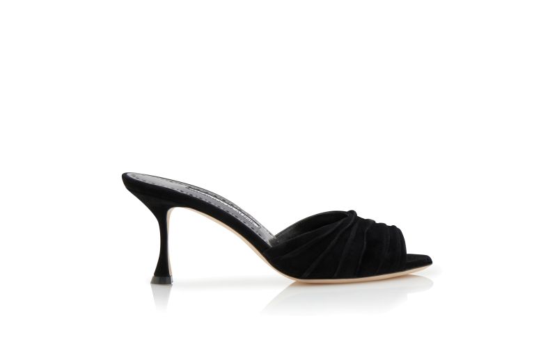 Side view of Pirua, Black Suede Ruched Open Toe Mules - £645.00