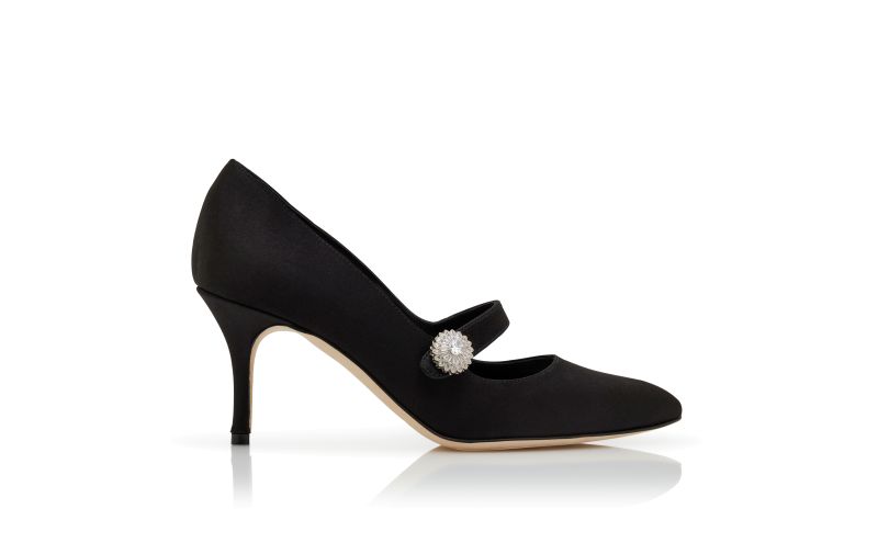 Side view of Marijana, Black Satin Embellished Mary Jane Pumps - £465.00