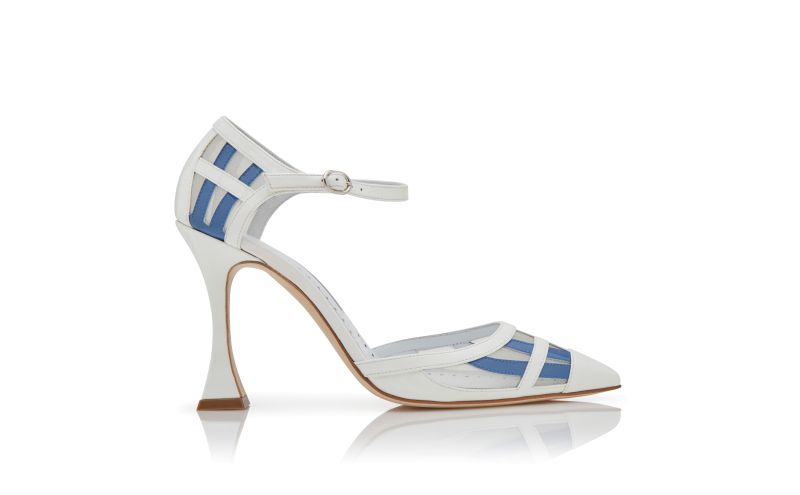Side view of Urema, White and Blue Patent Leather Ankle Strap Pumps  - £895.00