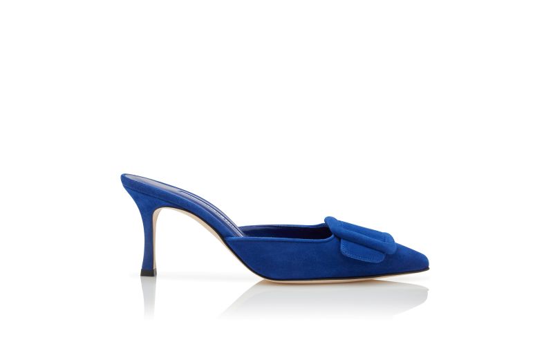 Side view of Maysale 70, Blue Suede Buckle Detail Mules
 - US$795.00