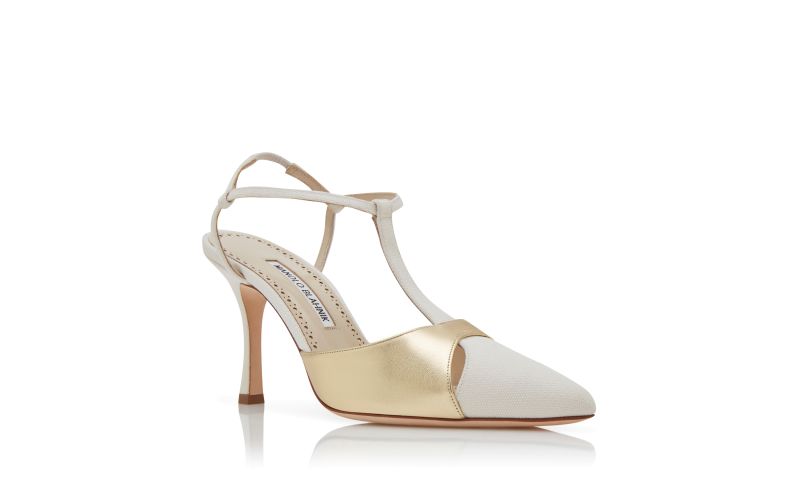 Turgimodhi, Cream and Gold Cotton T-Bar Pumps - US$473.00