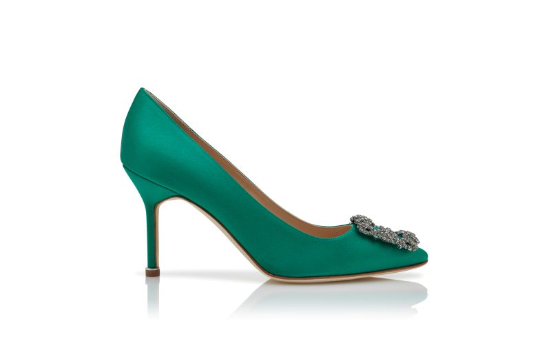 Side view of Hangisi 90, Green Satin Jewel Buckle Pumps - €1,145.00