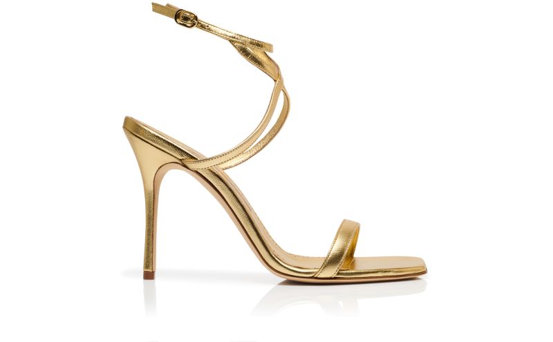 Side view of Strania, Gold Nappa Leather Ankle Strap Sandals  - US$745.00