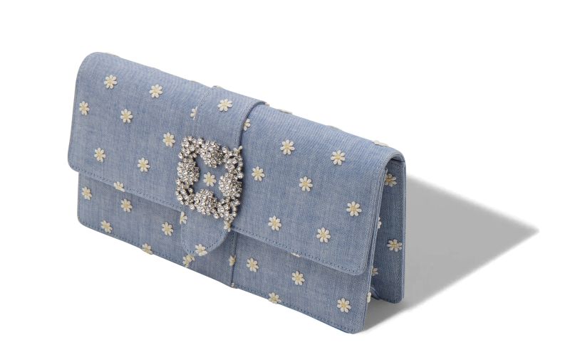 Capri, Blue and White Chambray Jewel Buckle Clutch - US$1,035.00 